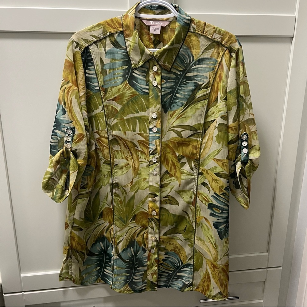 Vintage TANJAY Tropical Leaf Button-Up Shirt | Adjustable Sleeves | Women's 14
